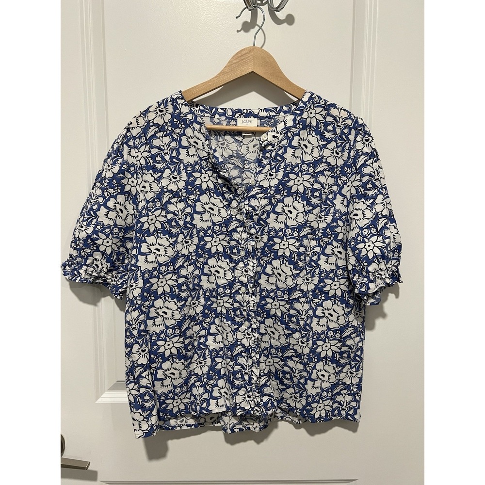 J.Crew Blue Floral Linen-Blend Ruffle Top Buttons Down 1/2 Puff Sleeves Sz Large